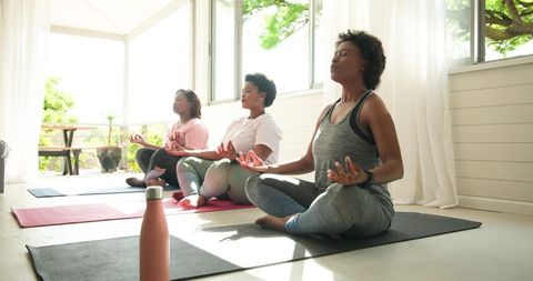 Women Meditating Together on Yoga Mats in Sunlit Studio