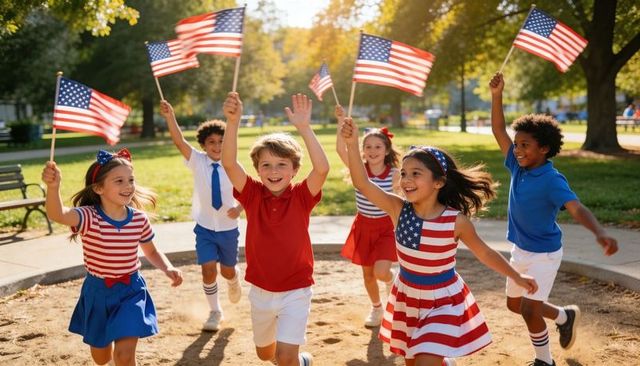 Children running and waving american flags in park celebrating fourth of july parade