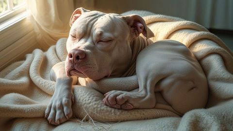 Cozy pit bull sleeping by sunny window in blanket