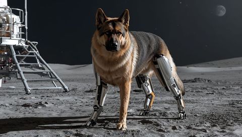 Standing german shepherd wearing cybernetic prosthetic legs on lunar surface near lander