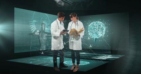 Doctors analyzing digital medical data in futuristic interface