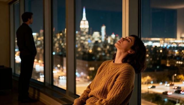Contemplative woman leaning back at window overlooking illuminated city skyline at night