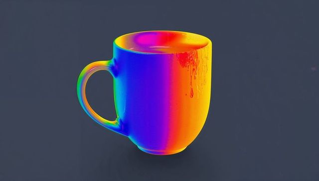 Vibrant Rainbow Ceramic Mug with Dripping Liquid Film on Dark Minimalist Tabletop