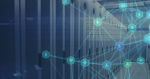 Digital Network Icons over Server Room Representing Data Technology