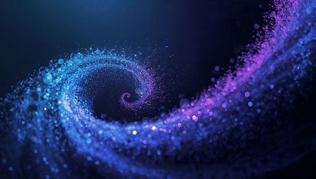 Swirling cosmic particle spiral emitting blue and purple bokeh glow in dark space