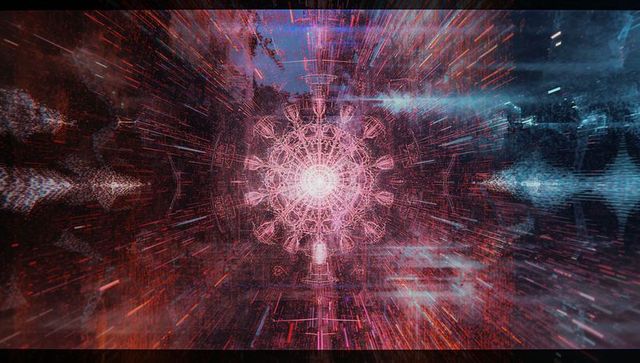 Futuristic cyberpunk mandala with glitch effects