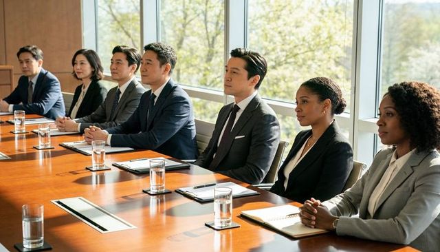 Executives listening and taking notes in modern boardroom during business presentation