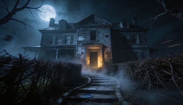 Moonlit Victorian mansion looming with glowing doorway and mist-choked overgrown pathway