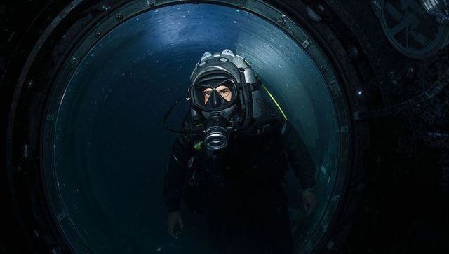 Diver Peering Through Porthole Wearing Full-Face Rebreather Helmet Underwater