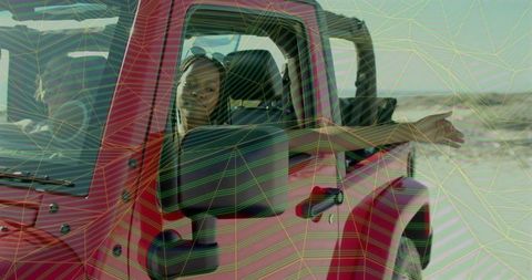 Woman relaxing in red jeep on ocean beach dynamic leisure mood