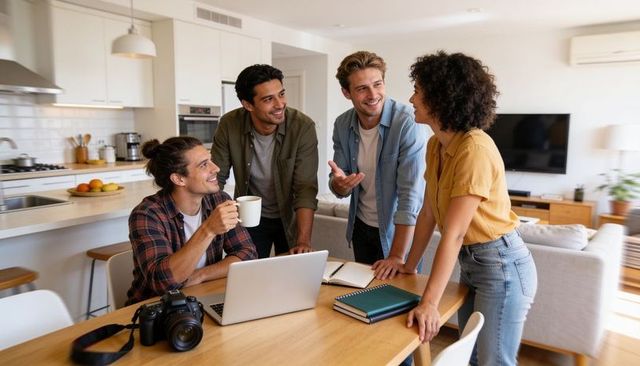 Young creative team collaborating in modern open-plan apartment with laptop and camera