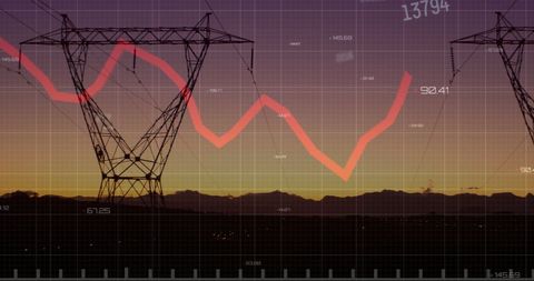 Financial Data and Electricity Pylons Against Dusk Skyline - Download Free Stock Images Pikwizard.com