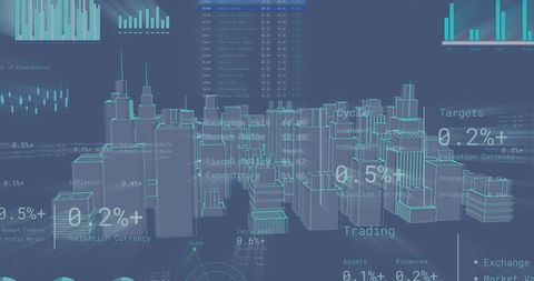 Digitally Generated Urban Landscape with Financial Data Overlay