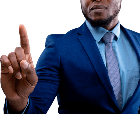 Confident businessman touching transparent screen with one finger