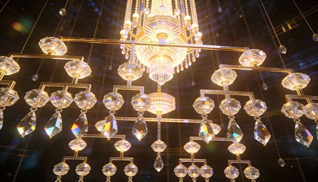 Opulent tiered crystal chandelier refracting warm light and prism sparkle luxury lobby