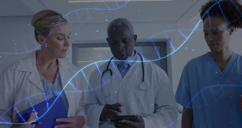 Medical team discussing genetics with digital dna present