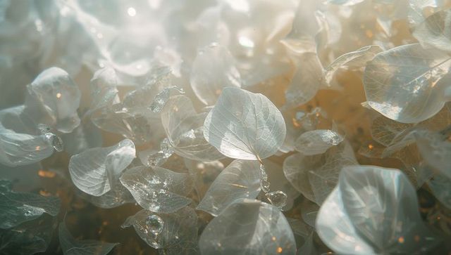 Translucent skeleton leaves glistening with dew in morning light