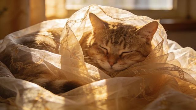 Sunlit tabby cat sleeping wrapped in sheer gold embroidered fabric, cozy interior