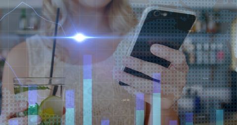 Woman Engaging with Technology Amid Financial Data Overlay