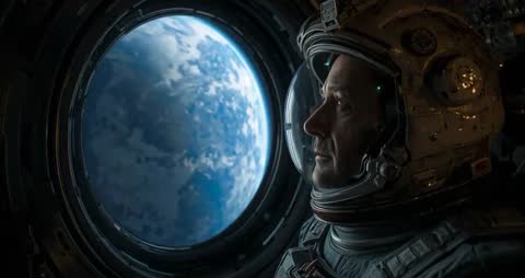 Astronaut Gazing at Earth Through Spacecraft Window in Orbit