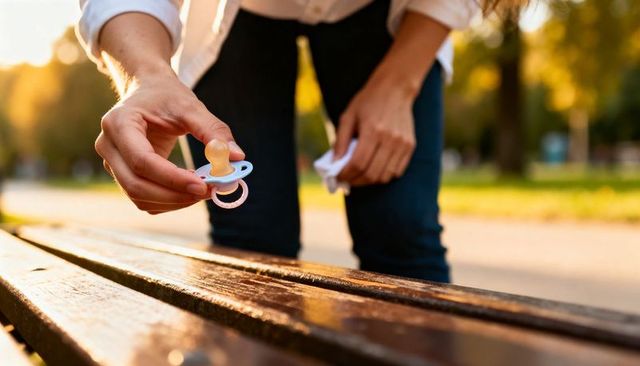 Reaching for dropped pacifier on sunlit park bench at golden hour parenting moment