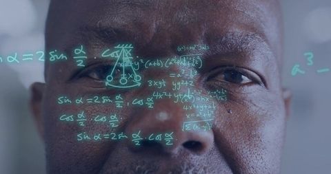 Senior man analyzing holographic math overlay closeup for augmented reality research