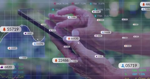 Businessperson analyzing digital data outdoors with combined real-time graphics