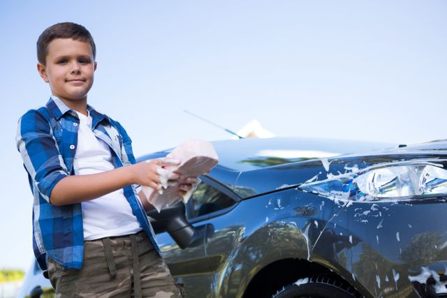 Young boy cleaning car on a sunny day. Holding a soapy sponge, engaged in car wash activities. Ideal for advertisements about car wash services, child labor, weekend family activities, or outdoor chores. Perfect for blogs, articles, or campaigns promoting fun and productive ways for children to spend their free time outdoors.