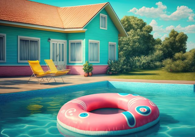 Brightly Colored House with Pool and Floating Ring on Sunny Day - Download Free Stock Images Pikwizard.com