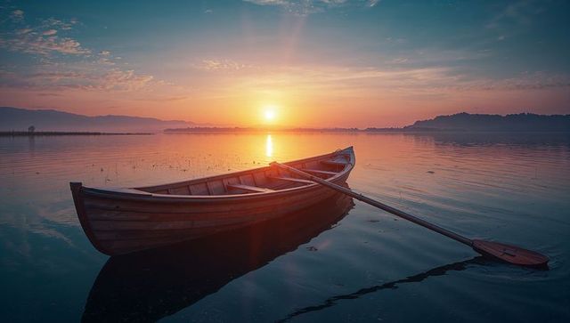 Wooden Rowboat Drifting on Calm Lake at Sunrise
