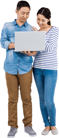 Smiling couple engaging with laptop on transparent background