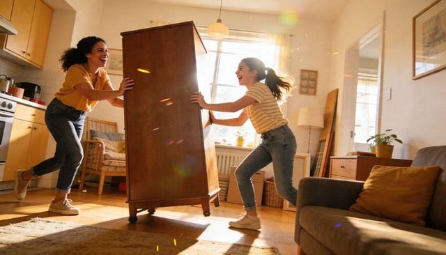 Mother and daughter joyfully moving wooden wardrobe together in sunlit cozy living room