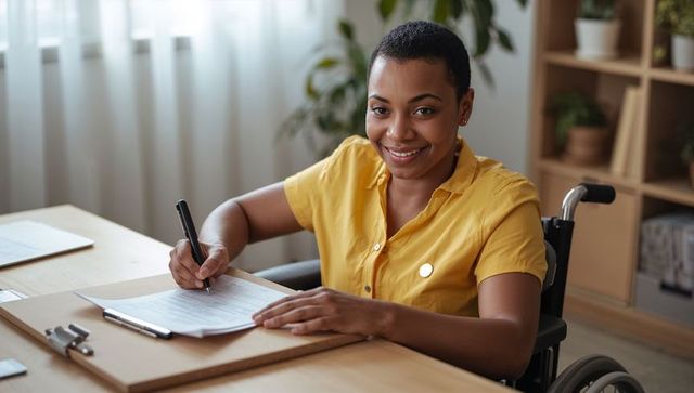 Smiling woman in wheelchair signing documents on clipboard in bright home office workspace