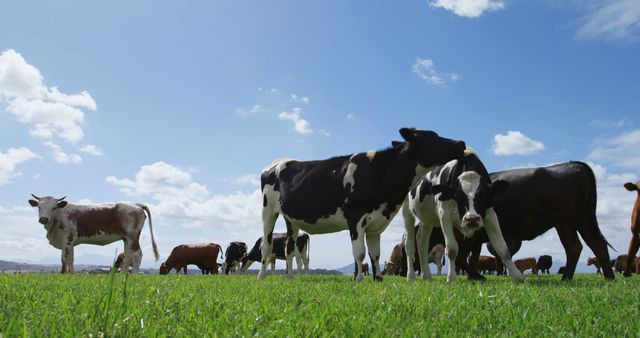 Cows and calves graze in a lush green field under a blue sky - Download Free Stock Photos Pikwizard.com
