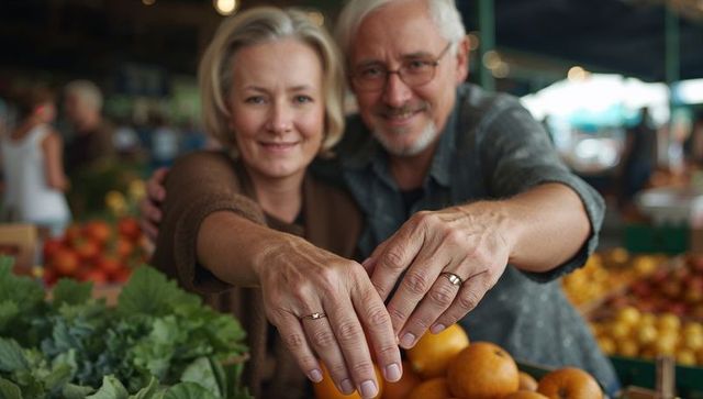 Senior Couple Showing Wedding Rings at Farmers Market with Fresh Oranges and Greens