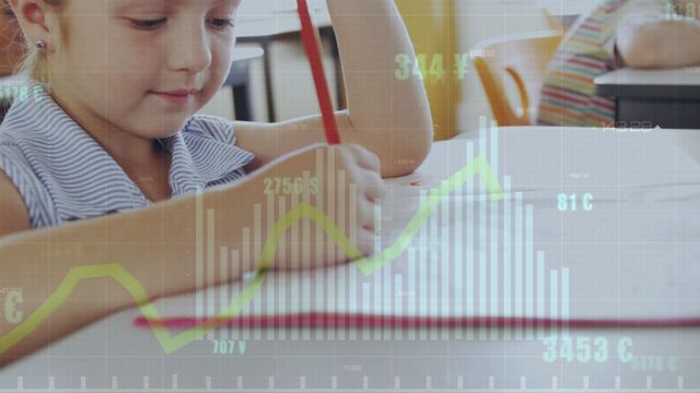 This video shows a young Caucasian girl sitting in a classroom, writing in her notebook with a pencil. Overlaid are animated graphs and numerical data symbols, representing the integration of technology with education. The keyword highlights educational settings, childhood learning, and data analytics. This visual is ideal for articles or promotional materials on modern educational methods, the impact of technology on learning, or data-driven educational strategies.