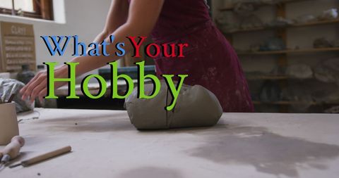 Female potter crafting clay in studio with hobby text overlay