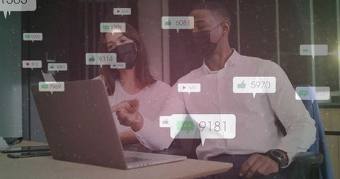Collaborating on social media analytics with engagement overlays, laptop and masked colleagues