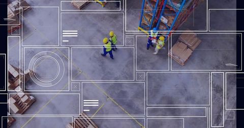 Warehouse workers walking among pallet racks with boxes