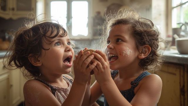 Two girls holding dough and laughing while baking together in sunlit cozy kitchen with flour dust