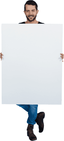 Smiling Young Man Holding Large Transparent Sign - Download Free Stock Videos Pikwizard.com