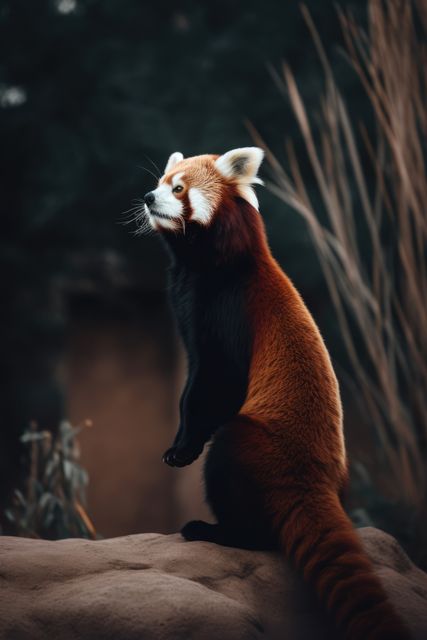 Red panda sitting on a rock with a lush forest background. Ideal for wildlife conservation campaigns, nature magazines, educational materials, and zoo promotions.