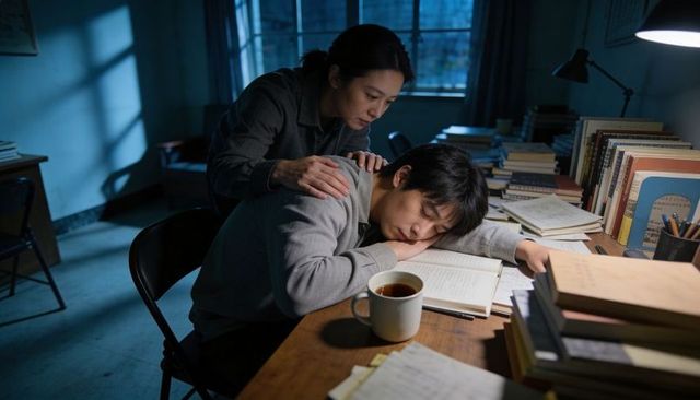 Late night study burnout comforting gesture between exhausted student and caring companion