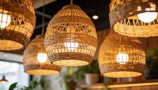 Warm woven rattan pendant lamps casting ambient glow for cafe and home interior design