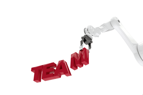 Robotic arm holding red team text on transparent background