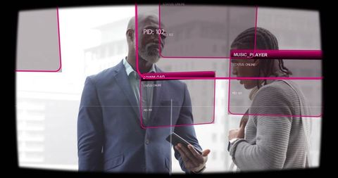Suited businessman showing smartphone to colleague with futuristic hud interface overlay