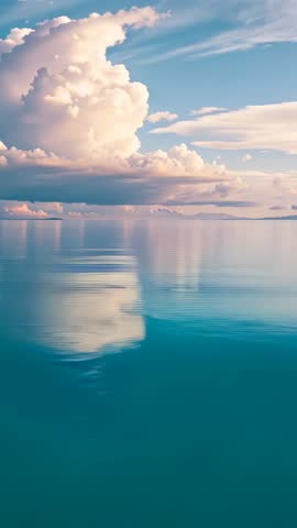 Tall Cumulus Cloud Reflecting over Turquoise Sea, Rippling Reflection Settling in Calm Vertical Vide