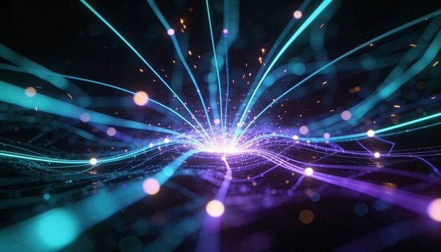 Neon energy core radiating digital light trails, particle sparks and futuristic data streams