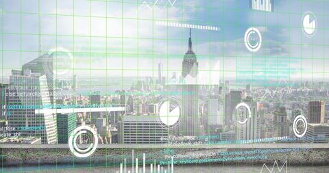 Futuristic City Skyline Showing HUD Overlays from Roofline Highrise View and Analytics