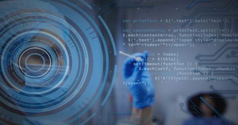 Gloved technician performing iris scan with biometric hud for retina authentication